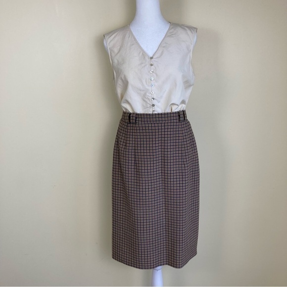 Vintage 80s Plaid Wool Blend Pencil Midi Skirt Tan/Blue Academia Preppy Sz XS - Picture 1 of 15